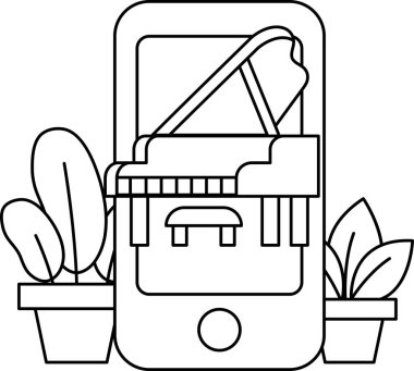 Üzerinde klavye ve piyano olan siyah beyaz bir cep telefonu çizimi. Çizim, bir müzik aleti ve iletişimin sembolü olan bir telefon.