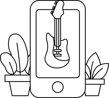 Bir telefonda gitar sergilenir. Telefon, telefonun sağ tarafında saksı bitkisi ve saksı bitkisi olan bir masanın üzerine yerleştiriliyor.