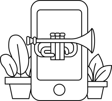 Üzerinde trompet olan bir cep telefonu saksı bitkileriyle çevrilidir. Trompet ve telefon gibi yaratıcılık ve sanatsal ifade kavramı genellikle tek bir imgede birlikte görülmez.