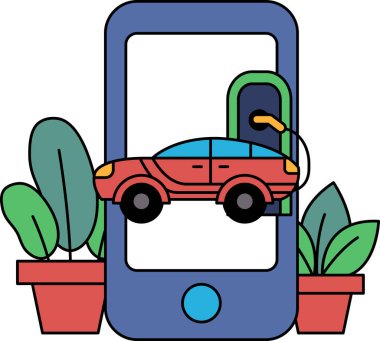 Arka planda yeşil bir araba olan bir telefon ekranında kırmızı bir araba gösteriliyor. Araba bir benzin istasyonunun yanında park edilmiş.