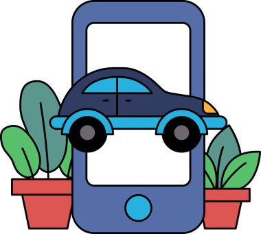 Telefon ekranında yeşil arka planı olan bir araba gösteriliyor. Araba bir saksı bitkisinin ve kırmızı bir tencerenin önüne yerleştirildi. Modern teknoloji kavramı