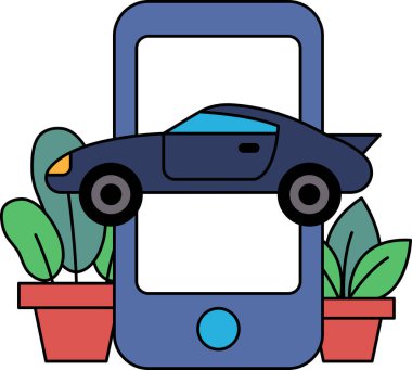 Telefon ekranında yeşil arka planı olan bir araba gösteriliyor. Araba bir spor arabadır ve saksı bitkisinin önüne park edilmiştir. Sahne eğlenceli ve eğlenceli.