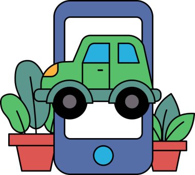 Telefon ekranında yeşil bir araba var. Araba bitkilerle ve saksılarla çevrili.
