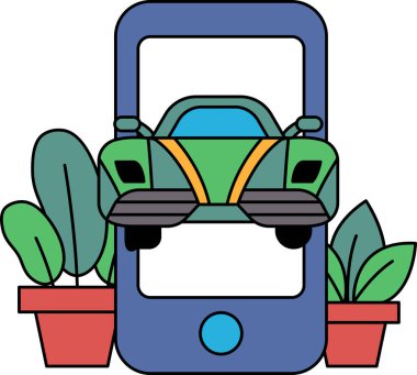 Yeşil arka planı olan yeşil bir araba telefon ekranında gösteriliyor. Araba bitkilerle ve saksılarla çevrili. Manzara canlı ve renkli.