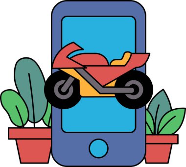 Telefon ekranında kırmızı bir motosiklet gösteriliyor. Motosiklet saksı bitkisinin yanına park edilmiş.