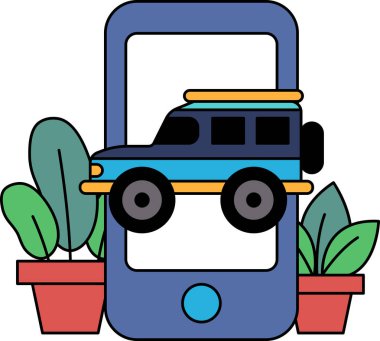 Bir cep telefonunun üstünde mavi ve sarı bir araba var. Araba yeşil bitkiler ve saksılarla çevrili. Macera ve heyecan kavramı