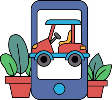 Telefon ekranında kırmızı bir oyuncak araba gösteriliyor. Araba küçük, kırmızı ve mavi bir golf arabası modelidir. Eğlence ve oyun anlayışı