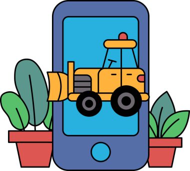 Telefon ekranında sarı bir kamyon var. Kamyon sarı ve üstünde kırmızı ışık var. Arkaplan mavi ve yeşil