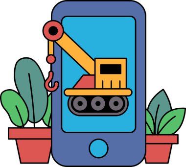 Ekranında sarı bir vinç olan mavi bir cep telefonu. Vinç kırmızı bir nesne tutuyor. Arkaplanda yeşil bitkiler ve saksı bitkileri yer alıyor.