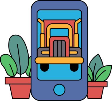 Ekranında kamyonet olan mavi bir cep telefonu. Kamyon, kırmızı ve sarı römorklu büyük bir kamyonet.