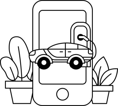 Siyah beyaz bir araba ve telefon çizimi. Araba bir telefonun yanına park edilmiş ve araba kilitli. Sahne, bir arabanın kilitlendiği ve telefonun kilidi açmak için kullanıldığı sahne.