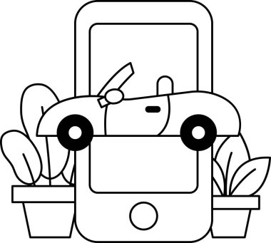 Arka planda bitki olan bir araba telefon ekranında gösteriliyor. Araba bir fabrikanın önüne park edilmiş ve telefon da arabanın üstüne yerleştirilmiş. Modern teknoloji kavramı