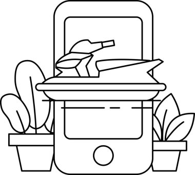 Bir cep telefonu bir bitki ve bir motosikletle bir masanın üzerinde. Motosiklet gibi macera ve heyecan kavramı