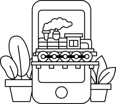 Cep telefonundaki bir trenin siyah beyaz çizimi. Tren bitkiler ve saksılarla çevrili.