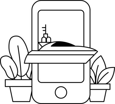 Ekranda teknesi olan siyah beyaz bir cep telefonu çizimi. Tekne açık ve telefon saksı bitkisinin yanına yerleştiriliyor. Sahne sakin ve huzurlu, tekneyle.