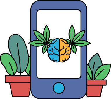 Ekranda iki beyin olan mavi bir cep telefonu. Yeşil yapraklı ve kırmızı tencereli bir bitki resmi.