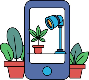 Üzerinde bitki ve lamba olan mavi bir cep telefonu. Bitki kırmızı bir tencerede ve lamba da masanın üstünde. Rahatlama ve rahatlama kavramı, bitki ve lamba rahat bir atmosfer yaratırken