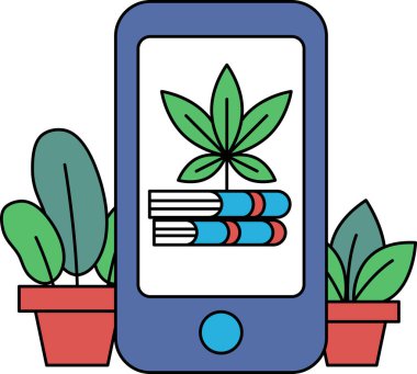 Üzerinde bitki olan bir telefon ve üstünde de bir kitap. Bitki yeşil ve kitap kırmızı.