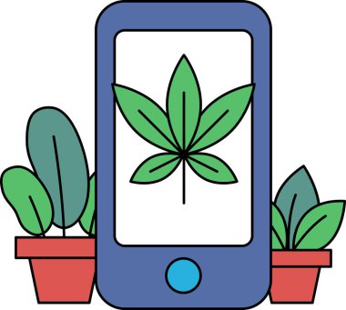 Üzerinde yaprak olan bir telefon saksı bitkileriyle çevrilidir. Bitkiler yeşil ve telefon mavi. Doğa ve teknoloji kavramı bir araya geliyor.