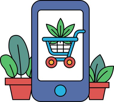 Üzerinde alışveriş arabası olan bir cep telefonu ve arka planda bir bitki. Sahne neşeli ve neşeli.