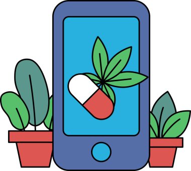 Üzerinde hap ve yanında yaprak olan mavi bir cep telefonu. Hap kırmızı ve beyaz.