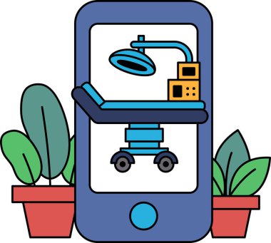 Üzerinde hastane yatağı ve tıbbi bir alet olan mavi bir cep telefonu. Tıbbi bakım ve bakım kavramı