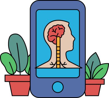 Üzerinde beyin olan bir telefon saksı bitkisinin yanında duruyor. Teknoloji ve doğa kavramı, insan bilgisinin gelişimini sembolize eden beyinle birlikte var olmaktadır.