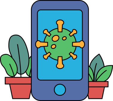 Üzerinde virüs olan bir cep telefonu bitkilerle çevrilidir. Bitkiler saksıda ve bir masanın üzerinde. Sahne biraz uğursuz ve ciddidir.