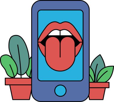Kırmızı dili çıkmış mavi bir cep telefonu. Dil yeşil bitkilerle çevrilidir. Görüntünün neşeli ve tuhaf bir havası var.