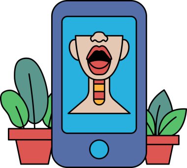 Üzerinde çizgi film resmi olan mavi bir cep telefonu. Yüzü, dili dışarı çıkmış bir ağız gösteriyor. Telefon bir saksı bitkisinin yanındaki masaya konur.