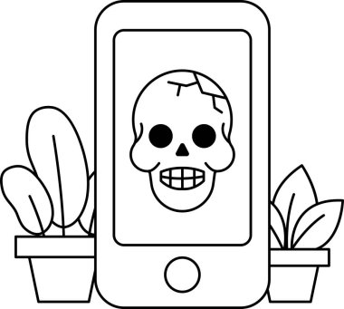 Telefonun üzerinde bir kafatası var. Kafatası gülümsüyor ve dişleri var. Telefon saksı bitkisinin yanındaki masada.