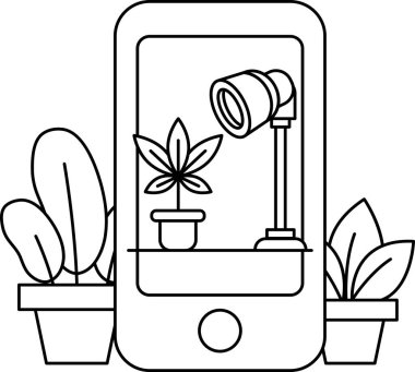Üzerinde bitki olan bir cep telefonunun siyah beyaz çizimi. Bitki bir tencerede ve telefon da masanın üstünde.