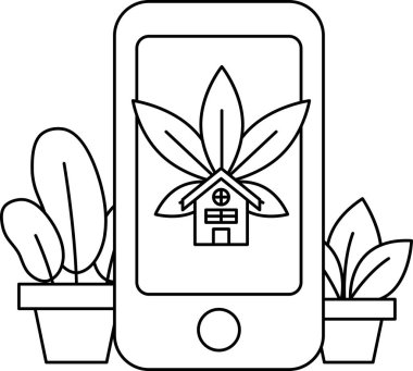 Üzerinde ev ve bitki olan bir telefon. Ev yeşil ve bitki de yeşil.
