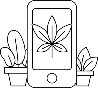 Yanında yapraklı bir bitki olan bir masanın üzerinde bir telefon var. Telefon siyah beyaz.