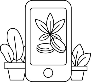 Bir masanın üzerinde bir bitki ve biraz bozuk para var. Telefon siyah beyaz.