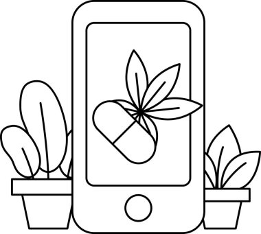 Üzerinde hap olan bir cep telefonu bitkilerle çevrilidir. Hapın üzerinde 