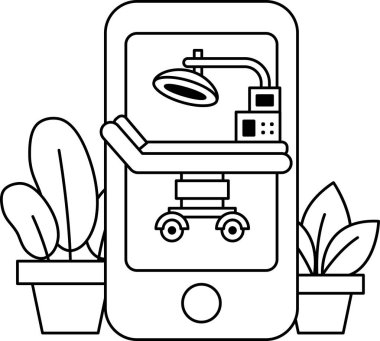 Üzerinde tıbbi bir cihaz olan siyah beyaz bir cep telefonu çizimi. Bu çizim, içinde bir sandalye ve saksı bitkisi olan bir hastane düzeneği. Sahne ciddi ve tıbbi.