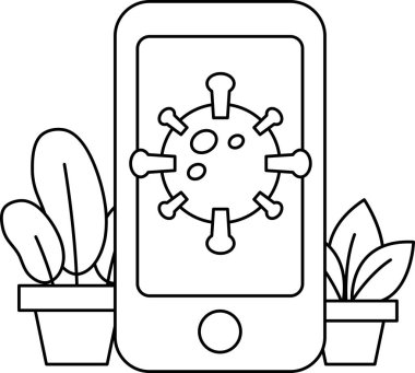 Üzerinde virüs olan bir cep telefonu bitkilerle çevrilidir. Bitkiler saksıda ve bir masanın üzerinde.