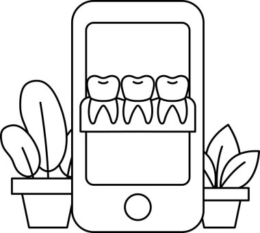 Üzerinde üç diş olan bir telefon. Telefon bir bitki ve saksı bitkisi olan bir masanın üzerinde.