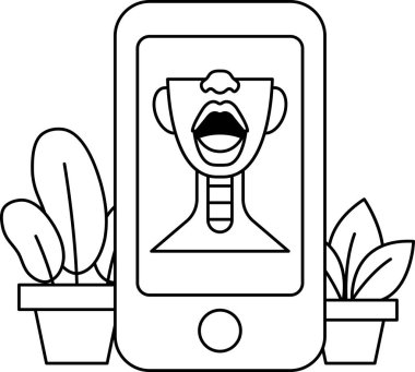 Üzerinde bir ağız resmi olan bir telefon. Telefon saksı bitkisinin yanındaki masada.