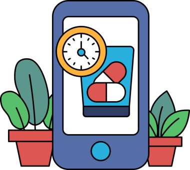 Üzerinde saat olan bir telefon ve ekranda bir hap. Saat 10: 00 'u gösteriyor.