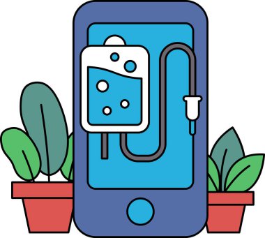Mavi bir cep telefonu ve içinden mavi bir sıvı ve tüp çıkıyor. Telefon yeşil bitkilerle çevrili.