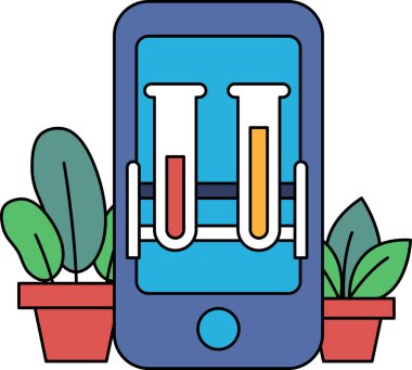 Üzerinde iki test tüpü olan mavi bir cep telefonu. Tüpler kırmızı ve sarı. Görüntünün bilimsel bir havası var.