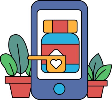 Üzerinde ilaç şişesi resmi olan mavi bir cep telefonu. İlaç şişesinin üzerinde kalp var. Cep telefonu saksı bitkisinin yanına yerleştirilmiş.
