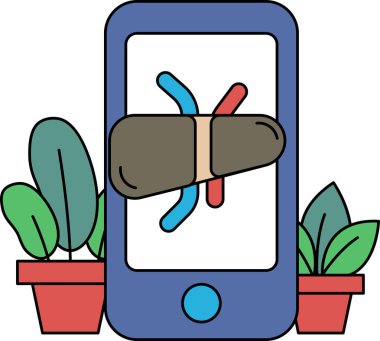 Üzerinde kırmızı ve mavi böcek olan mavi bir cep telefonu.