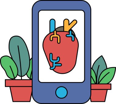 Ekranda kalbi olan mavi bir cep telefonu. Kalp kırmızıdır ve birkaç mavi çizgisi vardır. Telefon iki saksı bitkisinin yanına yerleştirilmiş.
