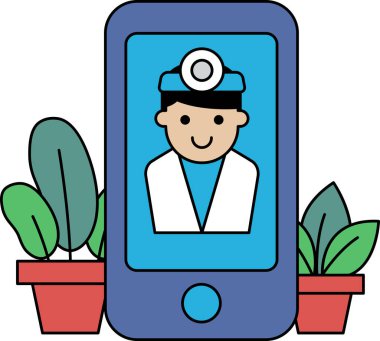Telefonda gülümseyen bir doktorun çizgi filmi. Telefon mavi ve doktor beyaz bir ceket giyiyor. Arkaplanda yeşil bitkiler var