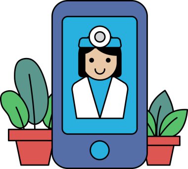 Telefondaki bir kadın doktor. Telefon mavi ve kadın gülümsüyor. Arka planda yeşil bitkiler var