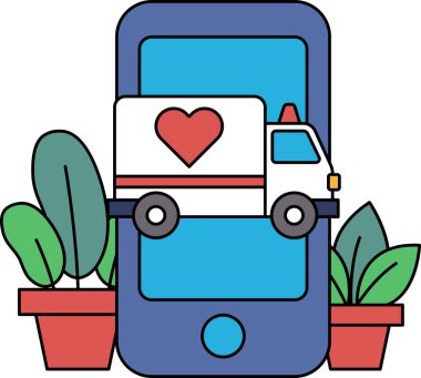 Üzerinde kalp ve kamyonet olan bir telefon. Kamyon bir ambulans. Telefon yanında saksı bitkisi olan bir masanın üzerinde.