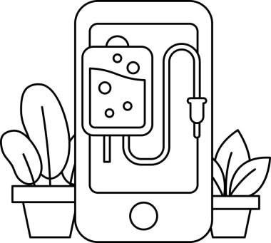 Üzerinde şırınga olan bir cep telefonu. Şırınga bir çantaya bağlı. Yeşil yapraklı bir bitkinin görüntüsü.